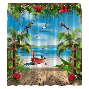 Ocean Beach Shower Curtain Tropical Palm Tree Blue Sky Bird Sunrise Flower Na... - Picture 1 of 4