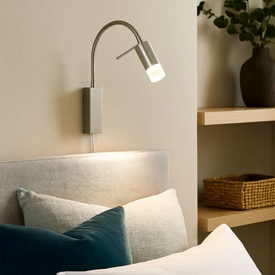 FISCHER LEUCHTEN Wandlampe Bettleuchte Schlafzimmerlampe LED Leseleuchte flexibel silber H 40 cm