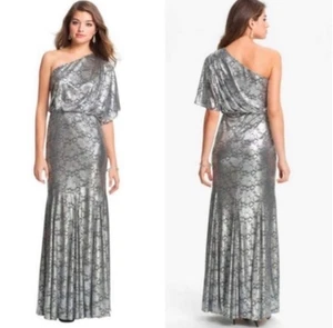 Adrianna Papell VTG One Shoulder Silver Metallic Liquid Gown Dress Formal 18 NEW - Picture 1 of 10
