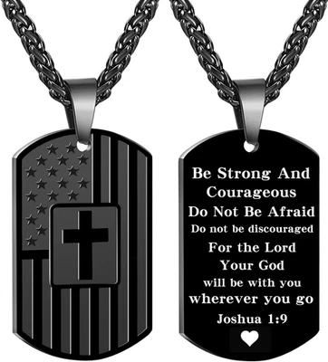 Collar Cristiano Etiqueta de Perro para Hombre, Versículo Bíblico Bandera Americana Collar Cruz para Foto 1 de 4