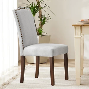 Dining Chair 2-Set Nailhead Trim Fabric Finish Wood Leg Contemporary Upholstered - Picture 1 of 26