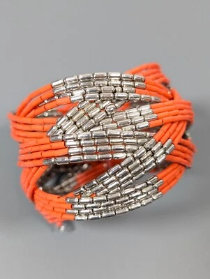 Pulsera Flexible Beacy Coastal Vidrio Naranja Tono Plata Cuentas Trenzadas 8 Pulgadas Foto 1 de 4