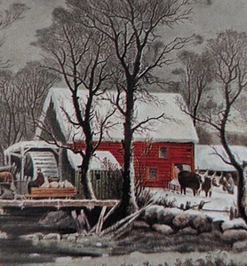 Vintage Coaster Set of 6 * 1970s * Winter Barn Scene in Tin Cork Back Christmas - Picture 1 of 7