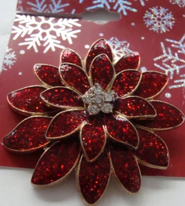 NEW Red Crystal & Enamel 2" Goldtone Metal Poinsettia Holiday Flower Pin - Picture 1 of 3