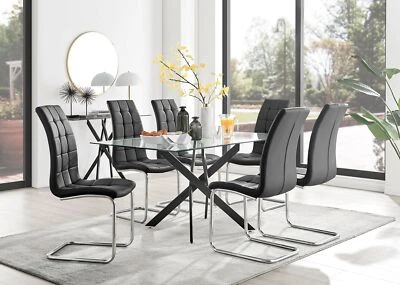 LEONARDO Rectangle Glass and Black Leg Dining Table & 6 Faux Leather Chairs - Image 1 of 4