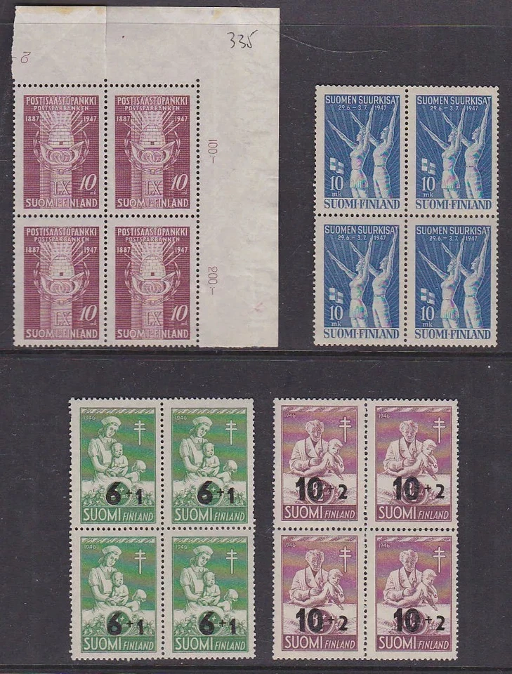 Финляндия 1947 как новая без наклеек и следов 3 полных комплекта блоков детские спортивные чемпионаты TB Babies - Изображение 1 из 1