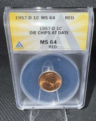 1957 D Lincoln cent with date Die Chip Red 64 Graded ANACS Rare High Grade Error - Image 1 of 4
