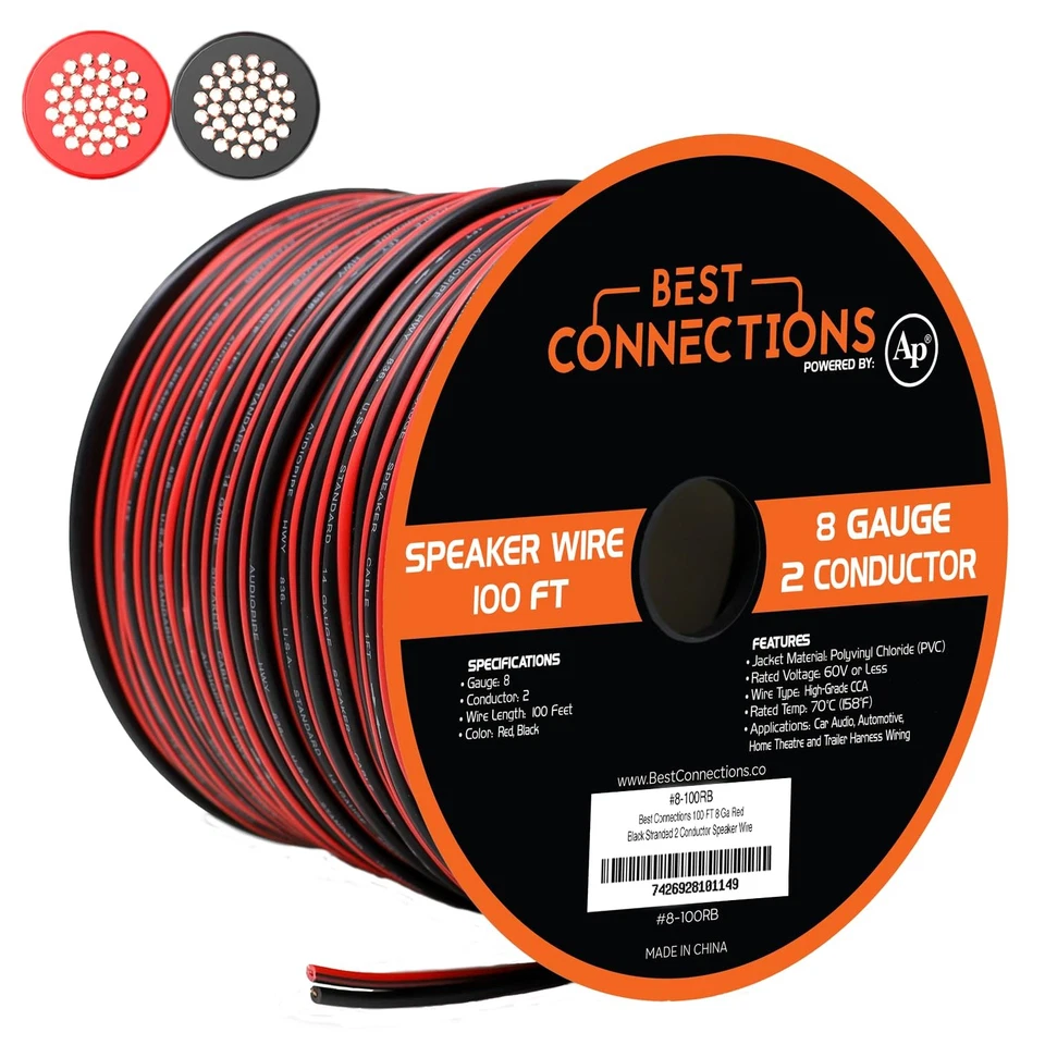 8 GA Gauge Red Black 2 Conductor Speaker Wire Audio Cable Audiopipe 100' Feet