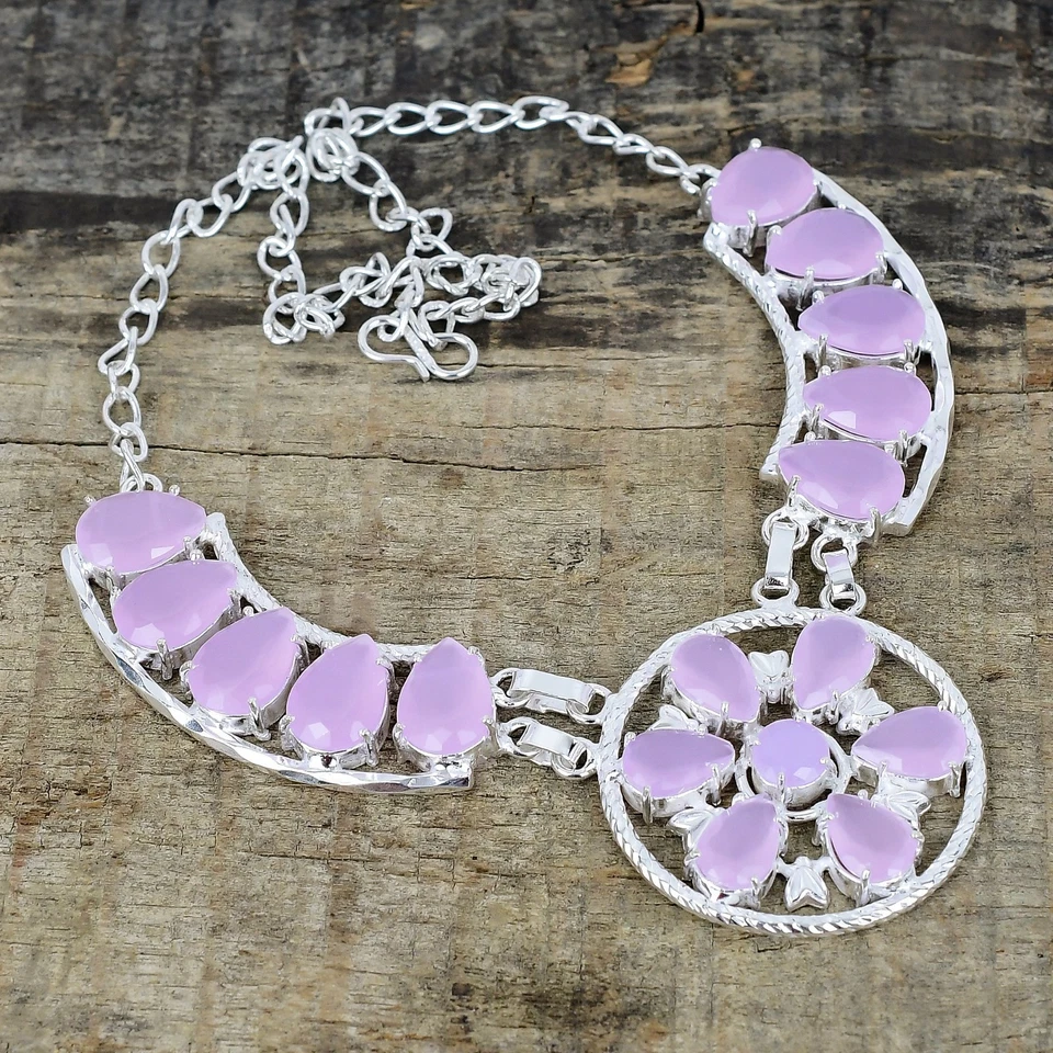 Rosa Calcedonio Gemma 925 Argento Sterling Mano Gioielli Collana Love Regalo - Immagine 1 di 4