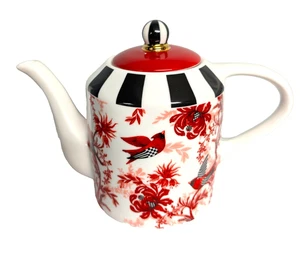 MacKenzie Childs Red Cardinal Toile Tea Pot Bird Flowers Check Stripe Accents - Picture 1 of 5
