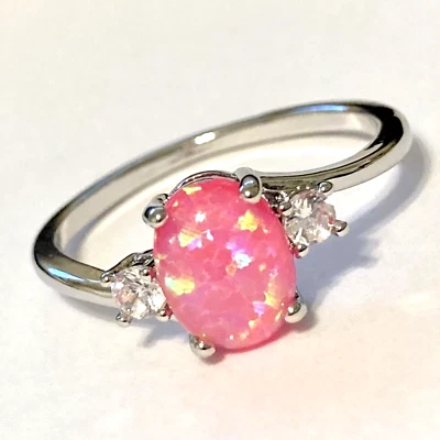 Anillo solitario de piedra ópalo rosa enchapado en plata corte ovalado simulado talla 7 8 9 11 Foto 1 de 4