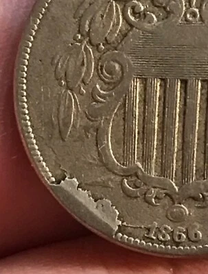 Mint error Retained CUD on 1866 shield nickel, Scarce ! - Image 1 of 4