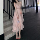 Pink Corset Midi Dress Women Elegant Sexy Strap Dress Sweet Fairy Onepiece Dress