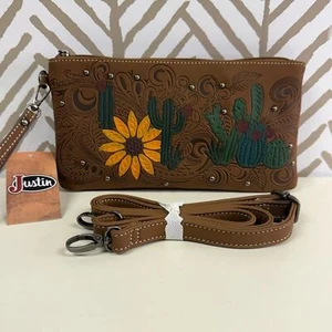 NWT Justin Boots Company Western Tooled Wristlet Crossbody - Picture 1 of 5