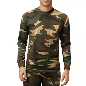 Mens Game Woodland Camouflage Long Sleeve Crew Neck T Shirt | Army Camo Top - Picture 1 of 4