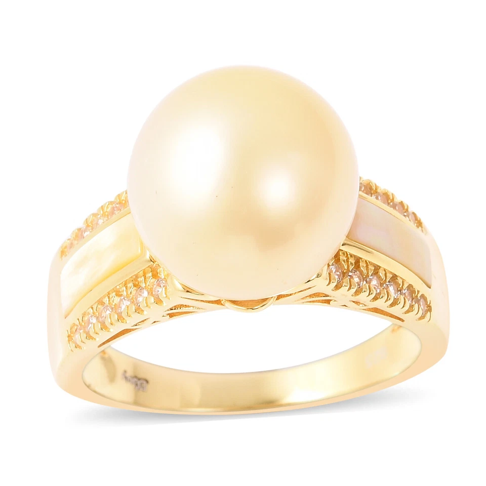 Anillo de 13 mm de perlas cultivadas doradas del Mar del Sur en plata de ley YG (talla 9) Foto 1 de 1