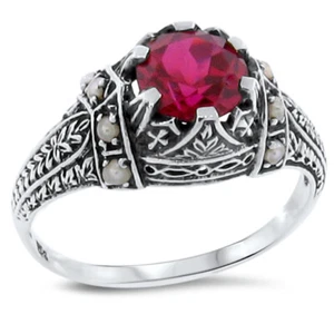 ANTIKER STIL 925 STERLINGSILBER IM LABOR HERGESTELLT RUBIN & PERLENRING 169z - Bild 1 von 3
