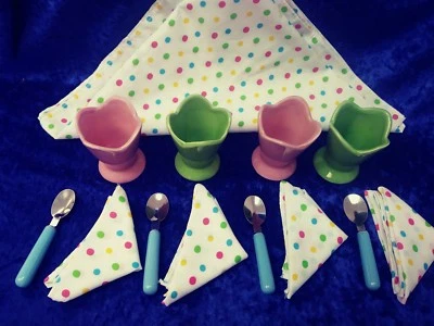 Set of 4 Porcelain Egg Cups with Spoons & Napkins 13 Piece Set EUC - Image 1 of 4
