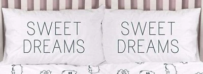 PILLOWCASE PAIR SWEET DREAMS TEXT WHITE GREY BLACK HOUSEWIFE COVER - Image 1 of 2