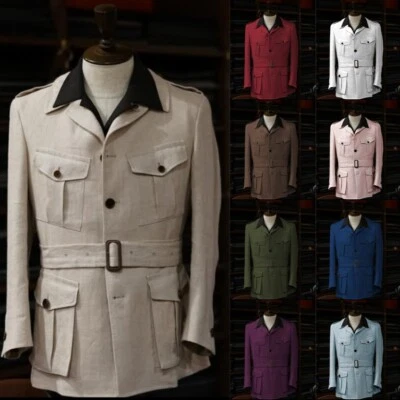 Linen Mens Safari Jacket with Belt British Style Casual Coat Summer Beach Blazer - Image 1 of 4