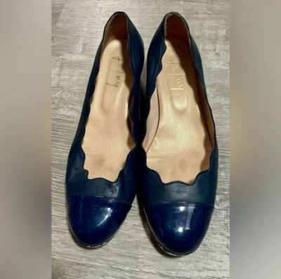 fsny 海军蓝皮革帽头扇贝低楔形高跟鞋 9.5 码 — 第 1/4 张图片