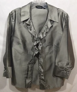 Parisian Signature Sz M Grey RAW SILK Blouse/Shirt Ruffles Tux Cuff NWT $58 - Picture 1 of 9