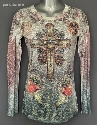 USA New VOCAL Womens CRYSTAL CROSS HEART ROSE SUBLIMATION BURNOUT SHIRT S M L - Image 1 of 3