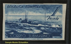 ESPAÑA, SUBMARINO 1938, 1 PESETA IMPERFORADA, F/VF, MNH - Imagen 1 de 1