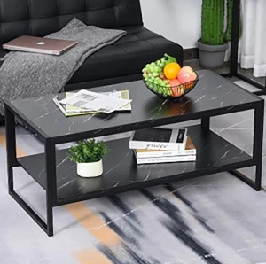 Coffee Table End Centre Rectangular 2 Tier Storage Unit Black Marble Effect - Picture 1 of 10