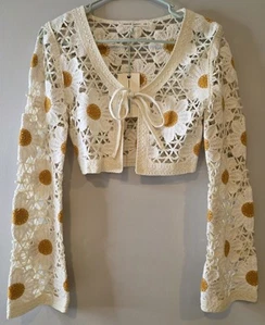 Moon & Madison Women's Embroidered Sweater XS Floral Daisy Cropped Front Tie NWT - Picture 1 of 22