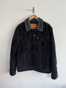 Levi’s Sherpa Trucker Jacket Vintage 90s Black Corduroy Grey Fur Large - Picture 1 of 13