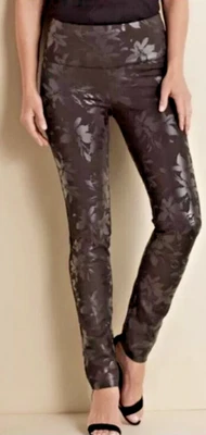 Soft Surroundings Leggings Black Metallic Floral Print Pull On Women's Large - Image 1 of 4