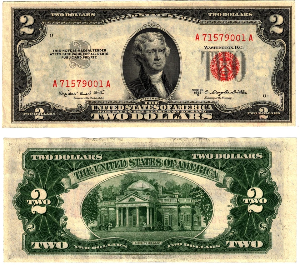 1953 B USA 2 Dollar Banknote UNITED STATES AMERICA Red Seal P380B Smith / Dillon - Image 1 of 1