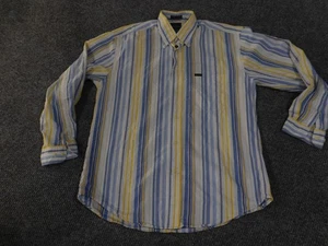 Faconnable Shirt Mens Medium Blue Yellow Striped Button Down Long Sleeve Cotton - Picture 1 of 14