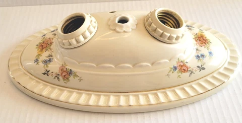 Vintage 2 Socket Flush Mount Porcelain Ceiling Lamp Transfer Roses Pull Light Cover