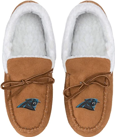 CAROLINA PANTHERS WOMEN'S SLIPPERS L TAN MOCCASIN FAUX FUR LINED CLASSIC NEW NWT Cover