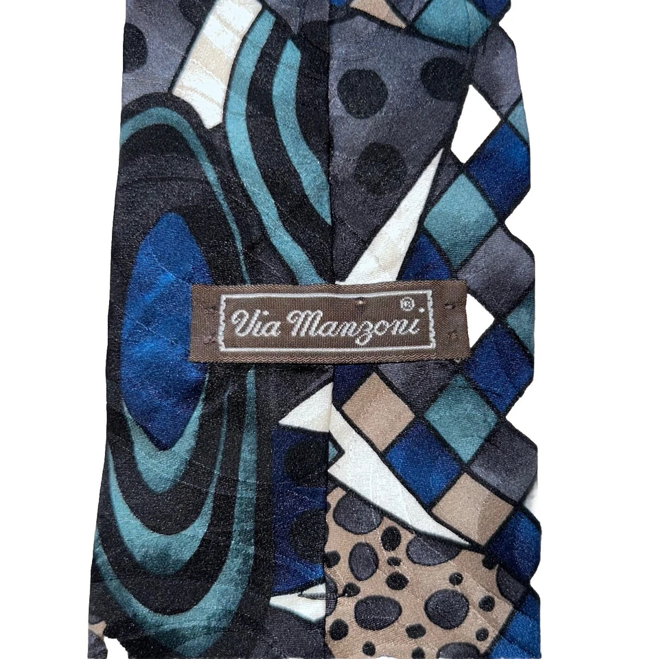复古 Via Manzoni 领带蓝色抽象艺术 100% 意大利丝绸 62 — 第 1/4 张图片