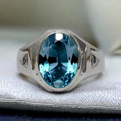 Piedras preciosas de aguamarina natural con anillo de novio de plata de ley 925 para hombre #AL224 Foto 1 de 4