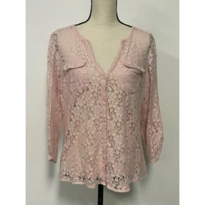 New York & Company transparente Bluse mit Spitze und Knopfleiste rosa Größe M - Bild 1 von 7