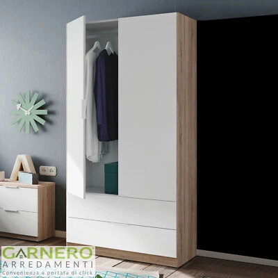 GARNERO ARREDAMENTI Armadio 2 ante 2 cassetti 82x180cm rovere bianco opaco ABBEY