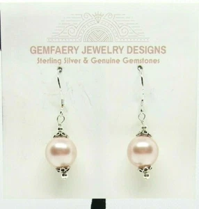 Sterling Silver Peach SHELL PEARL 10 mm Dangle Earrings #1411...Handmade USA - Picture 1 of 6