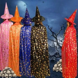 1pc Halloween Cosplay Costume Kids Witch Wizard Adult Cape Cloak Hat Set PartyUK - Picture 1 of 34