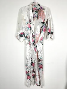 OLD SHANGHAi Satin Robe Kimono White Peacock & Blossom One Size - Picture 1 of 12
