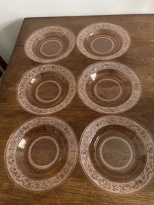 "Juego de 6 cuencos de vidrio rosa depresión 7,5"" platos de ensalada de sopa vintage florales"  - Imagen 1 de 5