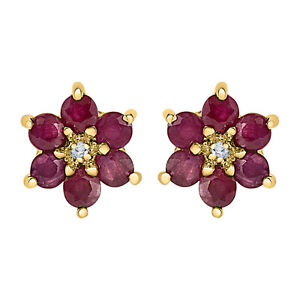 1.75Ct Simulated Red Ruby Flower Stud Earrings 14K Yellow Gold Plated 925 Silver