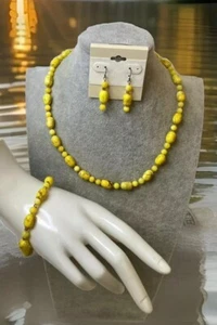 Yellow Stone Howlite Magnesite Calcite Beaded Necklace, Bracelet & Earrings Set - Picture 1 of 13