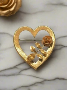 Vintage Krementz 14k Gold Overlay Heart with Rose Brooch Pin Signed Fine Jewelry - Picture 1 of 5