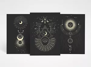 3 x A4 Celestial Posters - Sun Moon Art Trio of Prints Portrait Poster Gift - Picture 1 of 2