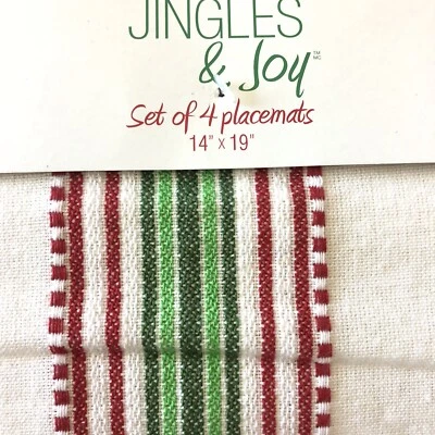 Set of 4 Jingles & Joy Fabric Strped Placemats Holiday Christmas Red Green    - Image 1 of 4