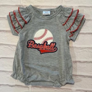 Baby Girl 3 Month Gray Red Baseball Ruffled Stretch One-Piece - Picture 1 of 3